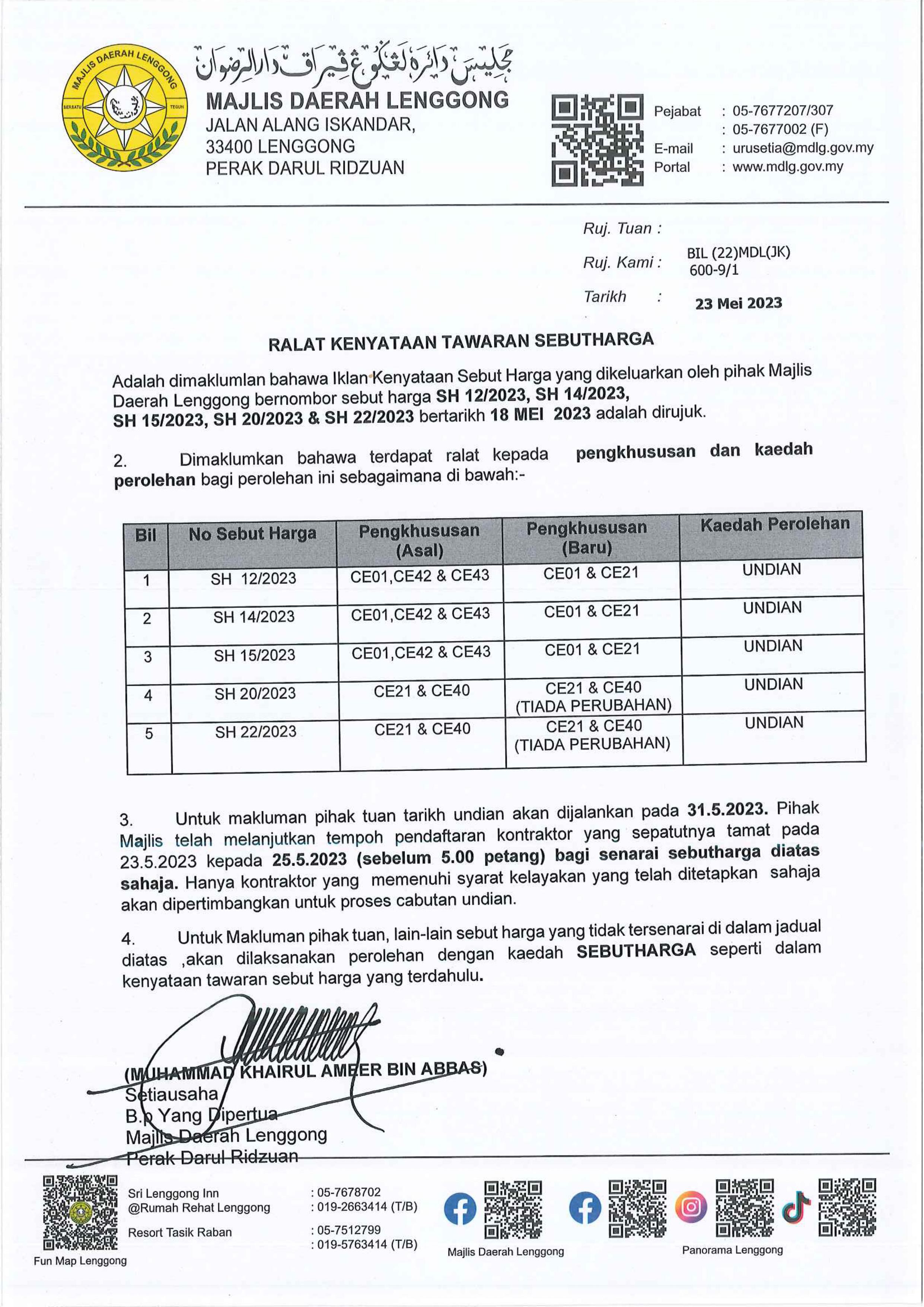 Ralat Kenyataan Tawaran Sebutharga Bertarikh 18 Mei 2023 | Portal Rasmi ...